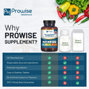 Braune glasflasche mit schwarzem deckel und weißen etikett von prowise healthcare vegan multivitamin tablets mit essenziellen vitaminen