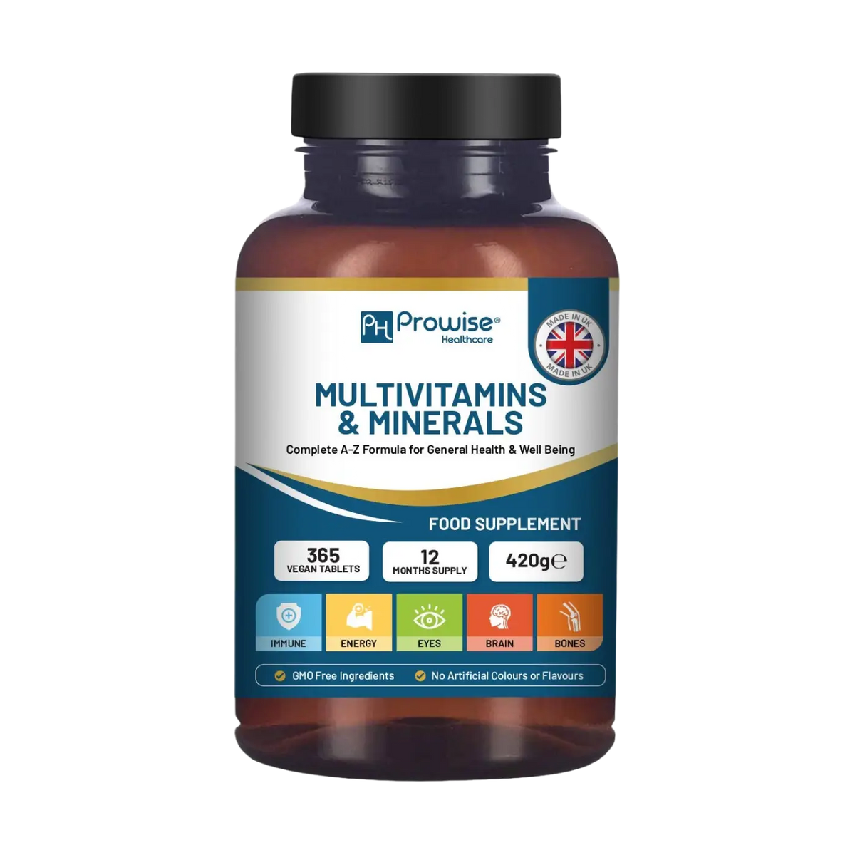 Vegane A-Z Multivitamine & Mineralien in Tablettenform, Prowise Healthcare Nahrungsergänzung, 365 Stück auf einem weißen Hintergrund.