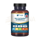 Braune kunststoffflasche mit schwarzem verschluss und label prowise healthcare multivitamins mit veganen multivitamin tablets