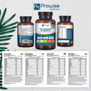 Braune glasflasche mit schwarzem verschluss und blauem etikett prowise healthcare vegane multivitamin tablets für 365 tage