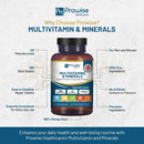 Braune glasflasche mit schwarzem deckel und weiß-blau-goldenem etikett von prowise healthcare vegan multivitamin tablets