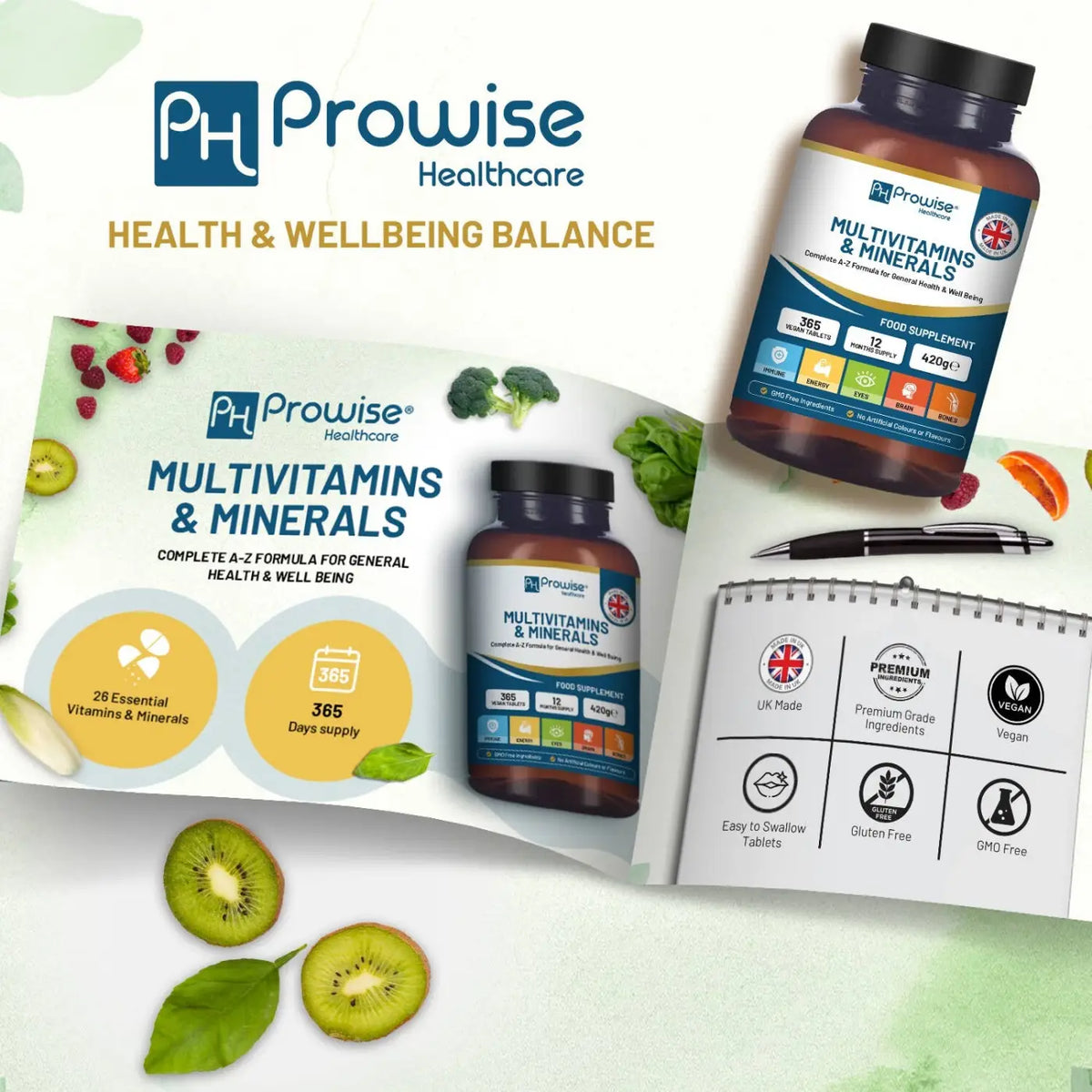 Vegane A-Z Multivitamine und Mineralien in Tablettenform, von Prowise Healthcare, 365 Nahrungsergänzungstabletten.