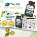 Braune glasflasche mit schwarzem deckel von ph prowise healthcare a-z multivitamine und mineralien 365 vegane multivitamin-tabletten mit essenziellen vitaminen