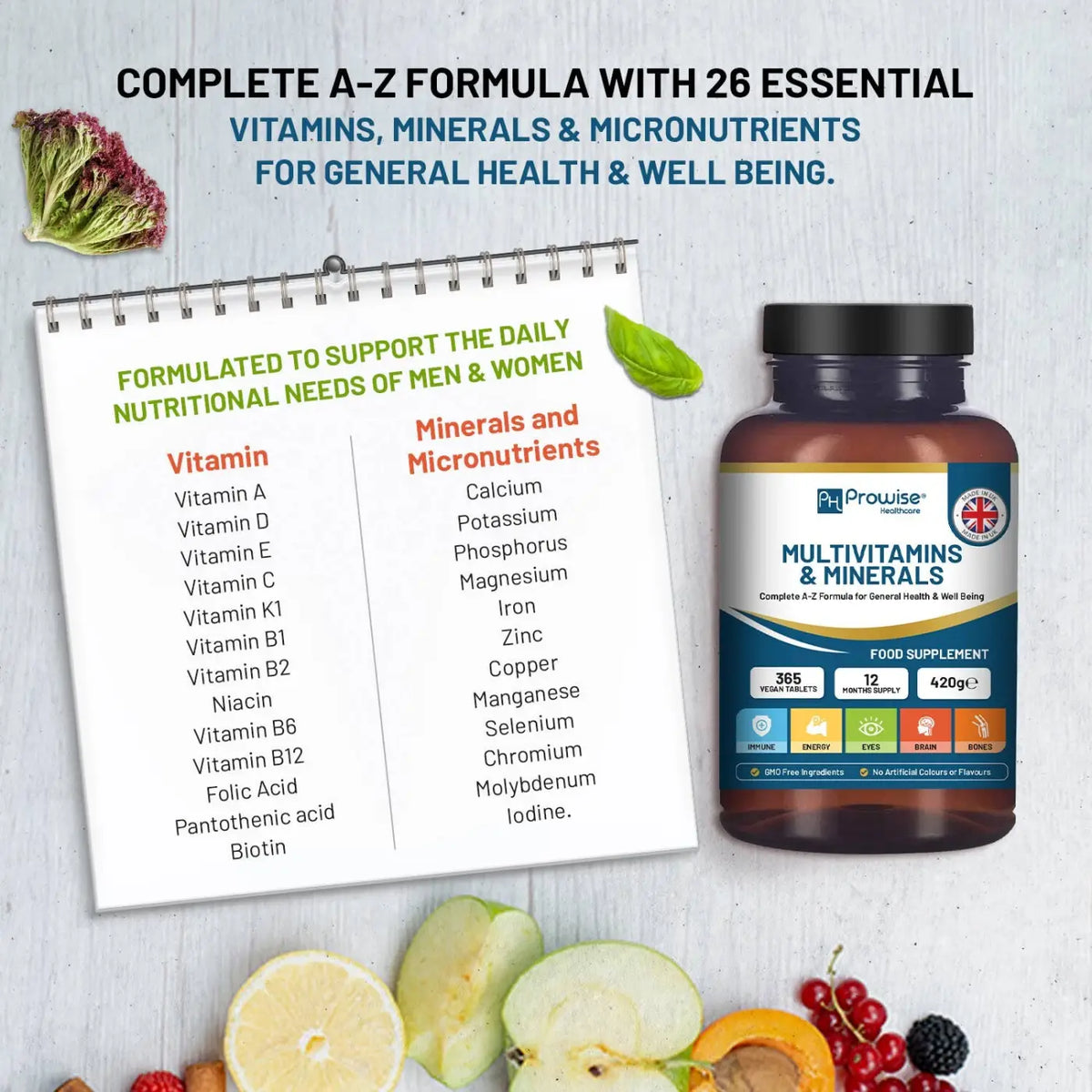 Vegane A-Z Multivitamine und Mineralien von Prowise Healthcare, 365 Tabletten in einer offenen Packung, nährstoffreiche Nahrungsergänzung