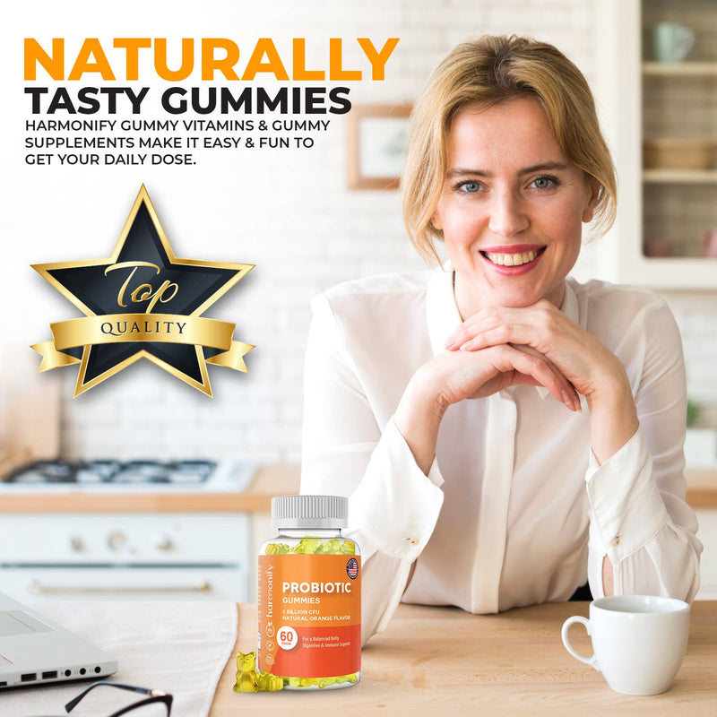 A smiling woman leans forward in a kitchen, next to a jar of probiotic gummies and text stating, "Naturally Tasty Gummies. Harmonify Gummy Vitamins & Gummy Supplements make it easy & fun to get your daily dose."