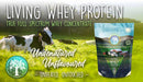 Ein Werbebanner für Living Whey Protein mit einer Kuh auf einer Weide und dem Produktbeutel.