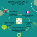 Eine Infografik listet 5 Gründe auf, sich für Bachblüten zu entscheiden: natürliche Lösungen für die Familie, französische Familienunternehmen, vegan/kinder/tierfreundlich, handwerkliche Herstellung und natürliche/biologische Bachblüten.