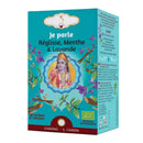 Eine türkisfarbene Teepackung für ayurvedischen Lakritz-, Minz- und Lavendeltee mit einer Abbildung der Göttin Saraswati, 16 Teebeuteln und dem Hinweis auf das 5. Chakra.