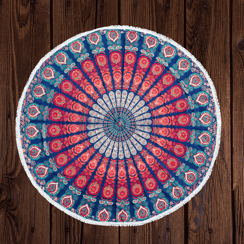 Toile rituelle ronde « Mandala Multicolore » avec pompons en coton, diamètre 180 cm