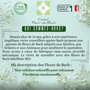 Eine Infografik beschreibt "Conseil Fleur de Bach": über 15 Jahre Erfahrung, Bachblüten für Erwachsene, Kinder, Tiere, mechanikfreie Herstellung, und BIO-zertifizierte Bachblüten. Ein "Made in France" Zeichen ist ebenfalls sichtbar.