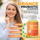 A smiling woman stands next to a jar of orange probiotic gummies with text listing features: Orange Flavor, Digestive Support, Probiotic Gummies, and Support Immune System.