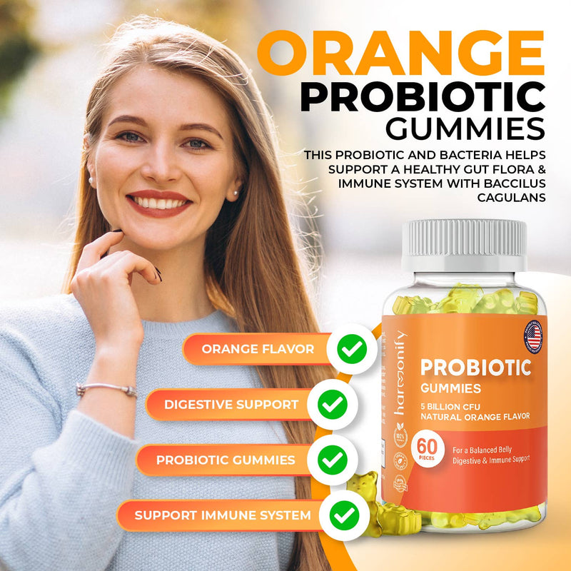A smiling woman stands next to a jar of orange probiotic gummies with text listing features: Orange Flavor, Digestive Support, Probiotic Gummies, and Support Immune System.