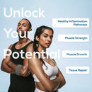 Zwei Athleten mit verschränkten Armen und dem Text „Unlock Your Potential“, der die Vorteile von gesunden Entzündungswegen, Muskelkraft, Muskelwachstum und Gewebereparatur hervorhebt.