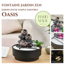 Ein Zen-Garten-Zimmerbrunnen mit Steintöpfen und einem kleinen Tempel, einschließlich Produkt-Detailansichten.