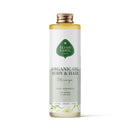 Produktfoto einer hohen weißen Flasche „Eliah Sahil Organic Oil Body & Hair Moringa“ mit einem hellgrünen Etikett, das besagt, dass es normale bis trockene Haut beruhigt und regeneriert.