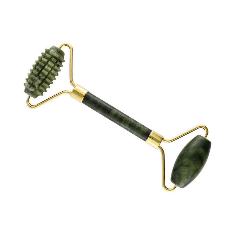 Jade-Gesichtsroller mit einer glatten und einer strukturierten Rolle, goldfarbenes Metallgestell, schräg dargestellt zur Gesichtsmassage.