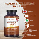 Eine Infografik mit einer Prowise Advanced High Strength Mushroom Complex Flasche, die die Vorteile wie Herkunft aus UK, GMP-Standard, vegan, GVO-frei, kleine und leicht zu schluckende Tabletten sowie Premium-Pilzextrakt hervorhebt.