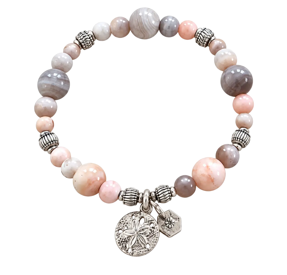 Achat armband mit silber und anhängern aus rosa und grauen perlen mit sanddollar anhänger