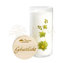 Achtsamkeitskerze im glas mit grünem botanischem design, kokosnussbutter und duftkerze tridosha von geburtslicht