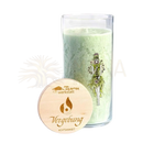 Pale green ayurveda duftkerze with fairy design in glass cylinder and wooden lid engraved vergebung for achtsamkeitskerzen