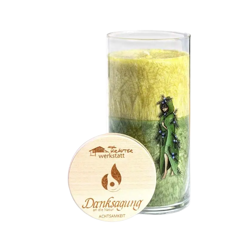 Achtsamkeitskerzen im Glas von Dessauer, warme Kerzenflamme, ideal für Frieden, Liebe und Dankbarkeit als Geschenkidee.