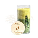 Eine ayurveda duftkerze tridosha mit kokosnussbutter in einem klaren glas mit gelb-grüner mindfulness-kerze