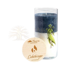 A achtsamkeitskerzen im glas mit zweifarbiger blau-weißer kokosnussbutter duftkerze und grünem figurenmotiv