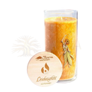 Achte auf eine ayurveda duftkerze tridosha im glas mit orangegelber kokosnussbutter und sonnenblumenmotiv