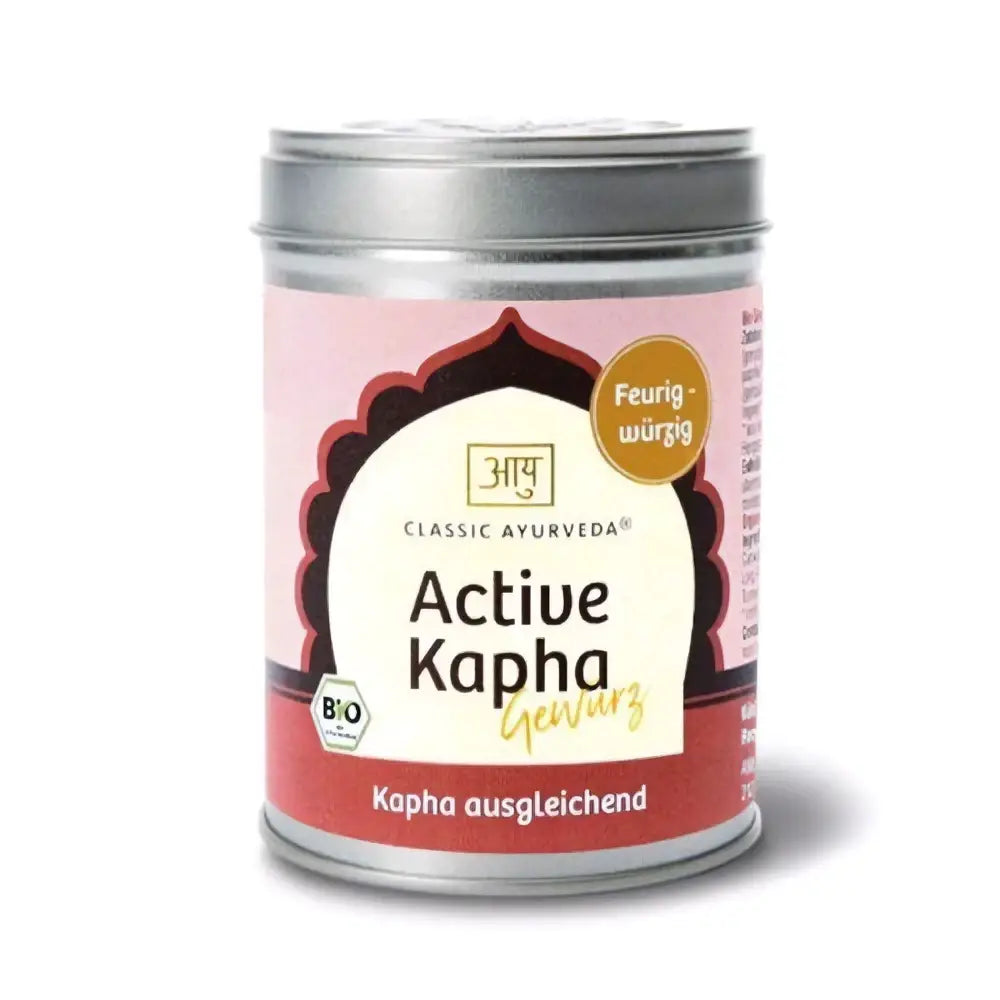 Bio Active Kapha Gewürze von Classic Ayurveda in rosa-weißer Verpackung, 70g, natürliche Gewürzmischung für Ayurveda Anwendungen