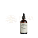 Ein schlankes bernsteinfarbenes glasfläschchen mit schwarzem tropfverschluss und weißem etiket für ätherisches öl eucalyptus und geranium watercloset tröpfchen von mana shop