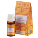 Ätherisches öl goloka nag champa 10ml in einer kleinen bernsteinfarbenen glasflasche mit weißem schraubverschluss und verzierten orange-goldenen box