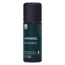 A dark green glass bottle with black cap labeled lavendel lavande phytomed essential oil lavender organic 10ml