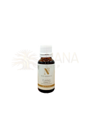 Kleine bernsteinfarbene glasflasche mit weißer kappe und cremefarbenem etikett ylang-ylang-iii-öl 20ml nachhaltiger produktion von n2