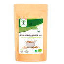 Braune Papierverpackung mit der Aufschrift 'Ashwagandha Bio' von Bioptimal, enthält 300g Bio-Ashwagandha-Wurzelpulver, mit Zertifizierungen für biologischen Anbau und ballaststoffreichen Inhalt, auf weißem Hintergrund