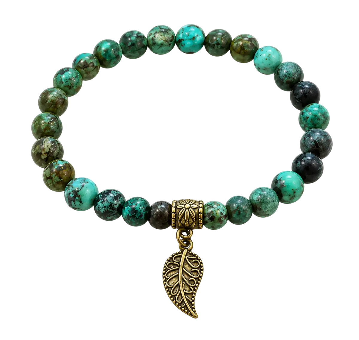 Afrikanischer türkis armband mit 6 mm türkis und schwarzen aventurinperlen und bronzenem blattanhänger