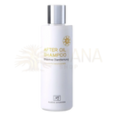 Weiße zylindrische flasche after oil shampoo 200ml mit silbernem deckel goldener schrift und mana shop logo
