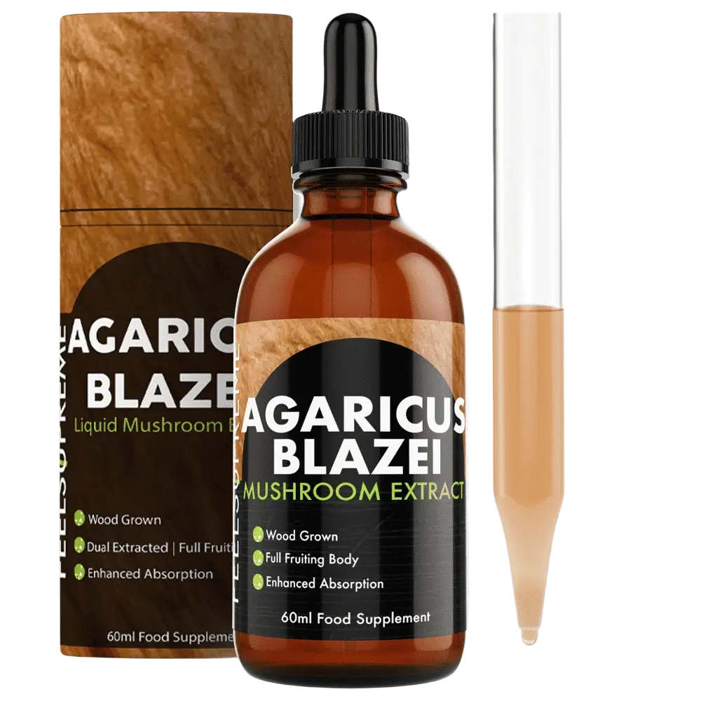 Flüssige Agaricus Blazei Pilz Ergänzung von Feel Supreme, Nahrungsergänzung in Flasche, natürliche Pilzextrakt.