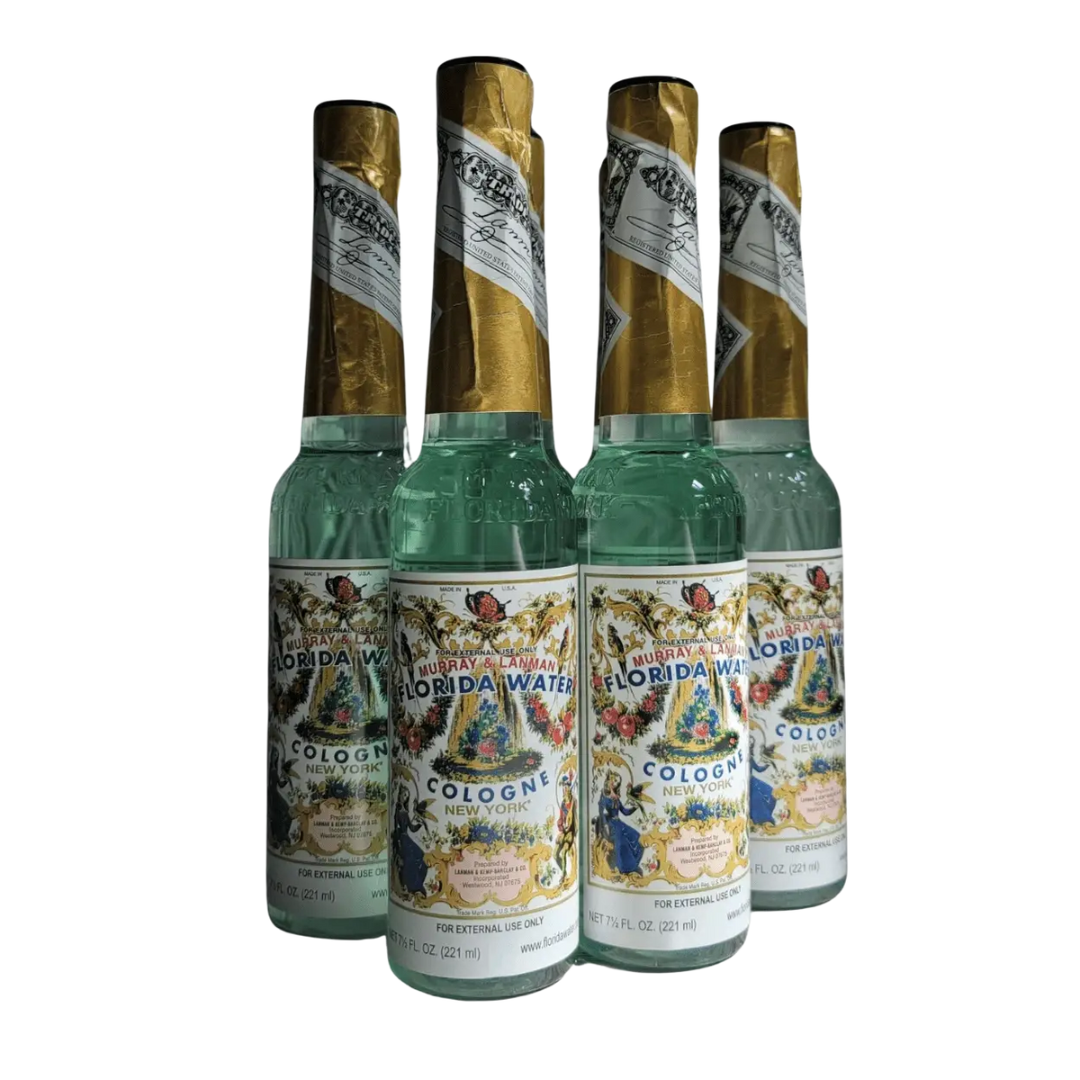 Flasche mit Green Tree Candle Agua de Florida Cologne 221 ml für den Körper, in einer Glasflasche mit dekorativem Design.