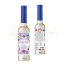 Eine klare glasflasche mit blauem verschluss und verzierter lila weißen goldenen etikette für florida healing energy reinigungswasser 221 ml