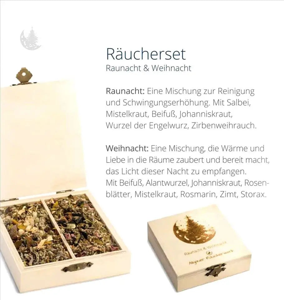 Dessauer Allgäuer Räucherwerk Raunacht und Weihnacht, hellfarbene Räucherwaren für festliche Anlässe, in einer offenen Verpackung.