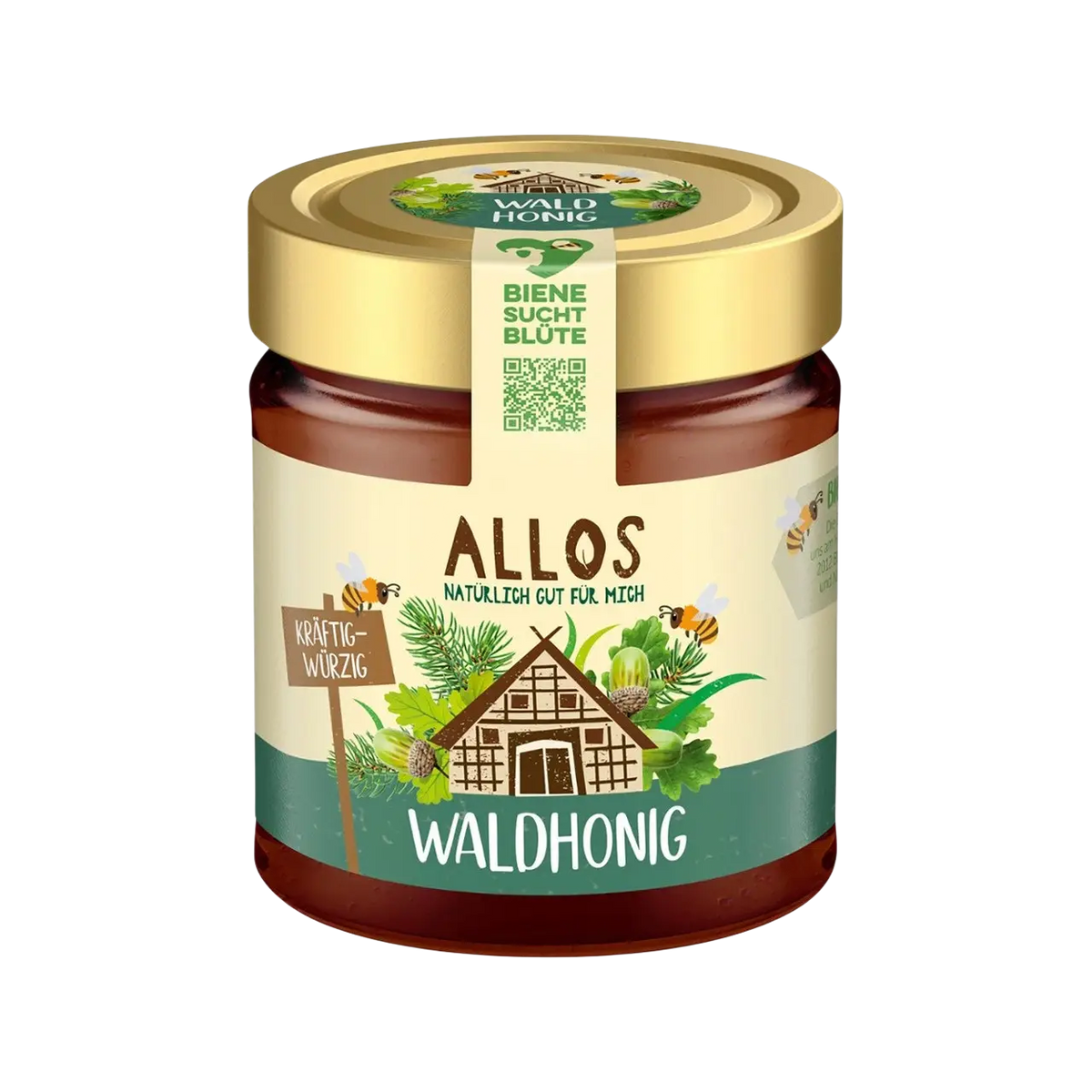 Glas mit Allos Waldhonig EU Bio, 500g, goldener Deckel, farbenfrohes Etikett, reiner Honig aus dem Wald