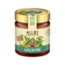 A glass jar of allos waldhonig bio 500g honey with a gold lid and colorful bee and forest label from mana shop