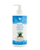 Weiße pumpflasche forever aloe aloe liquid soap mit blauem aquarelletikett und aloe vera pflanzenillustration
