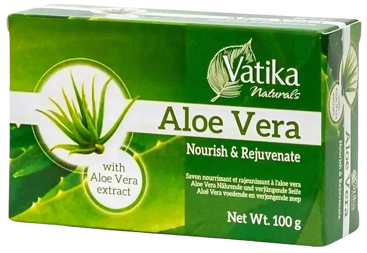 Aloe Vera Seife von Vatika, Ayurveda Auténtico, mit feuchtigkeitsspendender Aloe Vera für gepflegte Haut, im weißen Seifenstück.