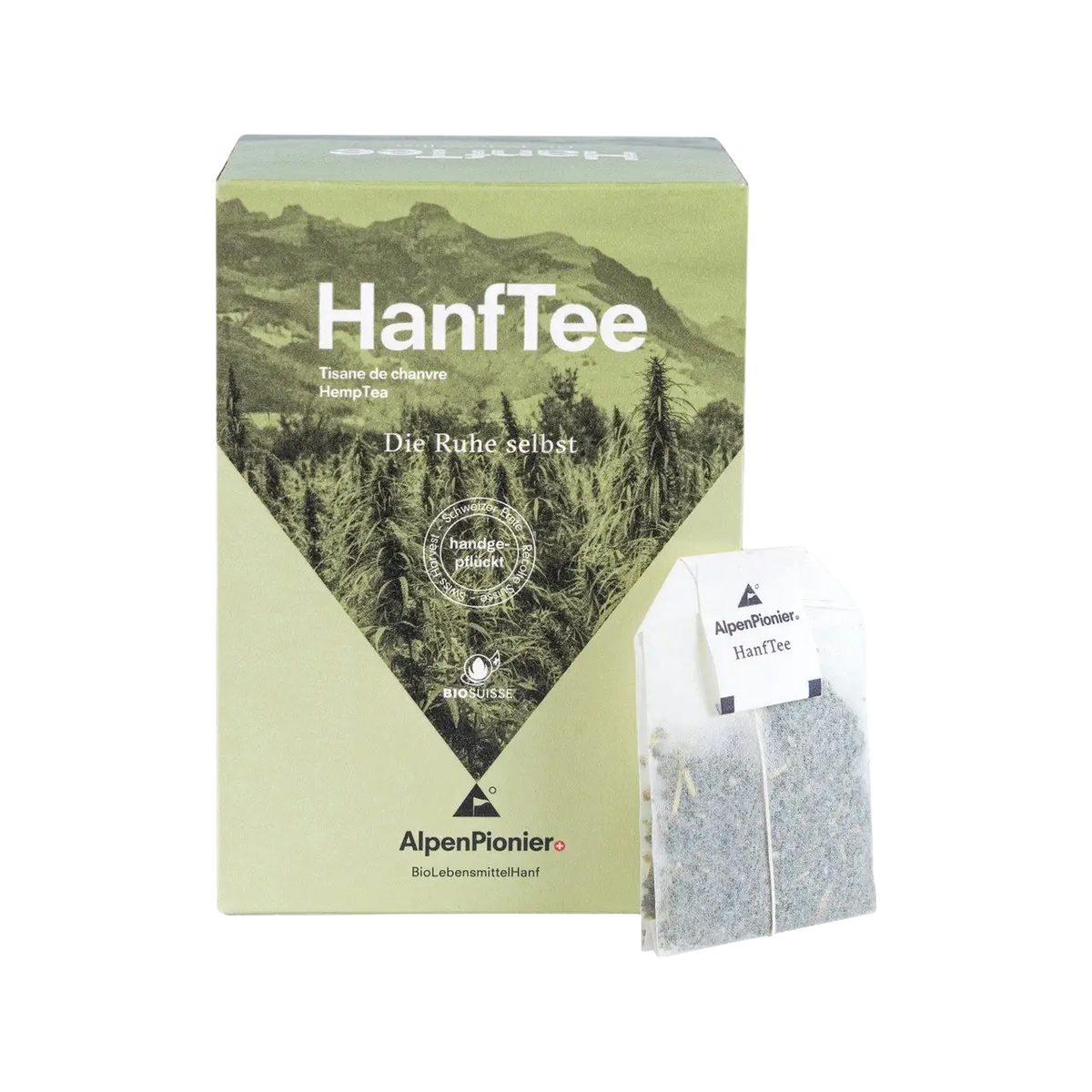 AlpenPionier Hanf-Tee, Bio-Kräutertee mit Schweizer Ursprung, in einer Tasse mit Hanfblättern und Kräutern sichtbar.
