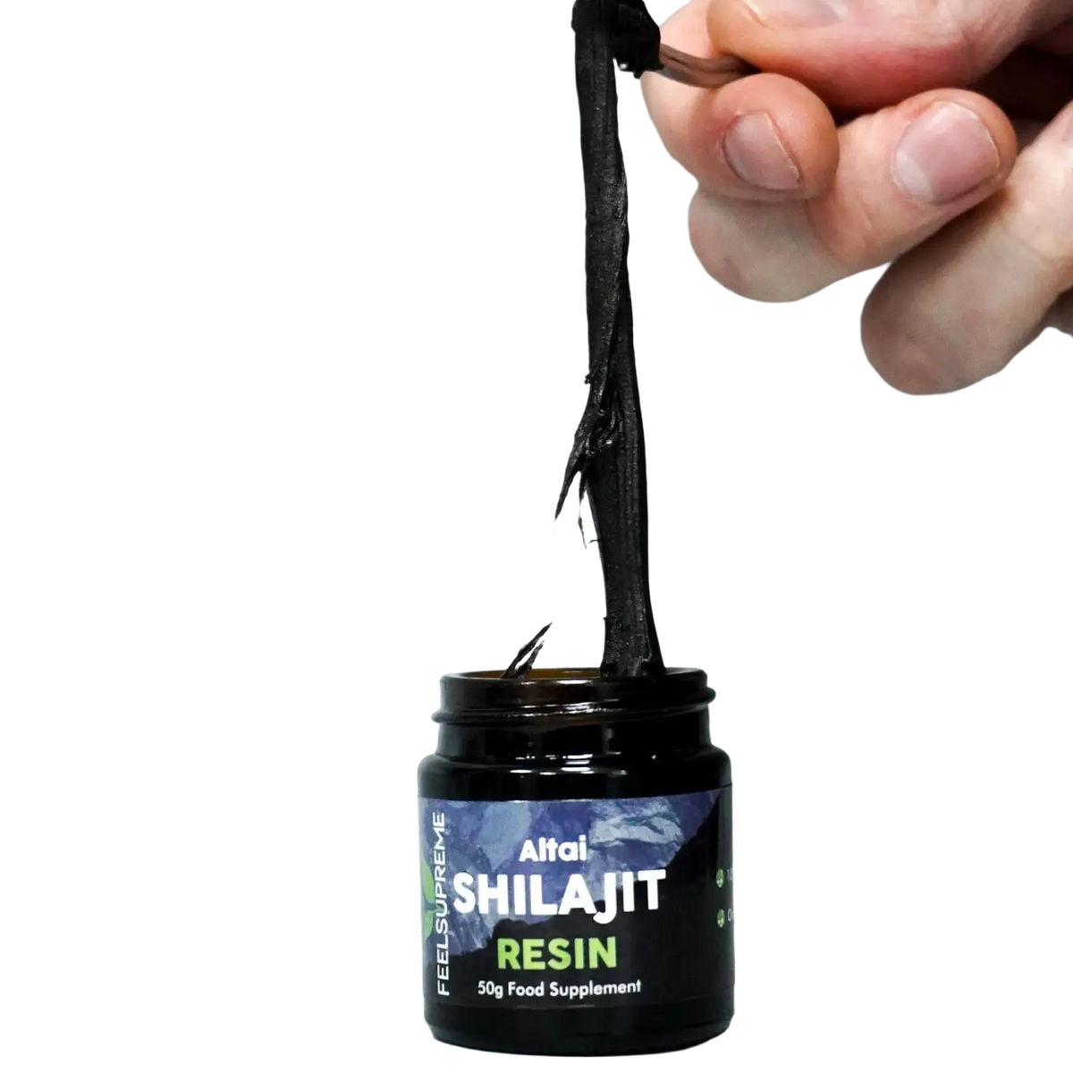 Altai Shilajit Resin von Feel Supreme, 50 g, mit 80+ Spurenelementen, als Nahrungsergänzung in einer transparenten Packung.
