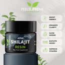 Altai Shilajit Resin von Feel Supreme, 50 g, mit 80+ Spurenelementen, als Nahrungsergänzung in der Verpackung.