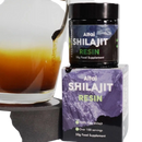 Altai Shilajit Resin von Feel Supreme, 50 g, mit über 80 Spurenelementen, in einer Glasdose auf weißem Hintergrund.