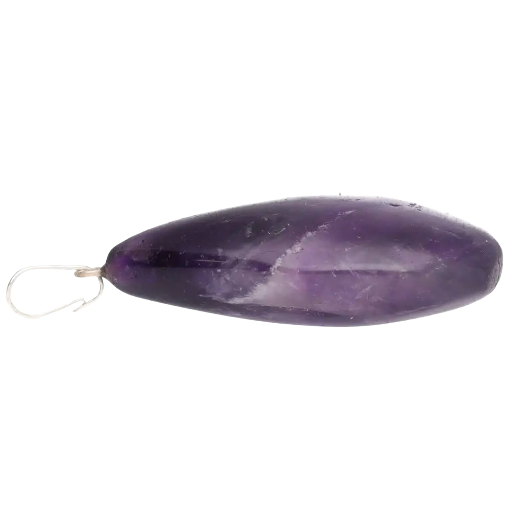 Polierter lila Amethyst Tropfenanhänger von Vives de la Cortada S.L, glatte, glänzende Edelstein-Form auf hellen Hintergrund
