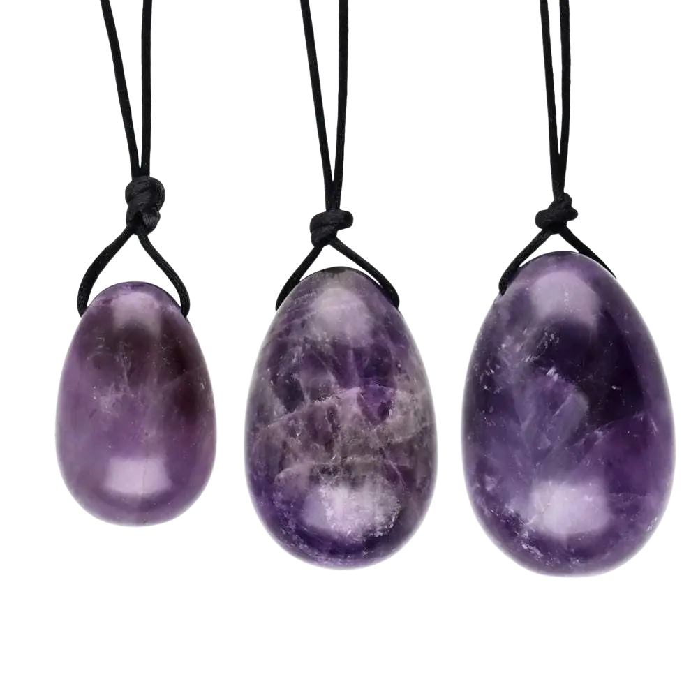 Vives de la Cortada SCP Amethyst Yoni Eierpackung mit Loch und Schnur, violetter Schmuck, detailreiche Ansicht